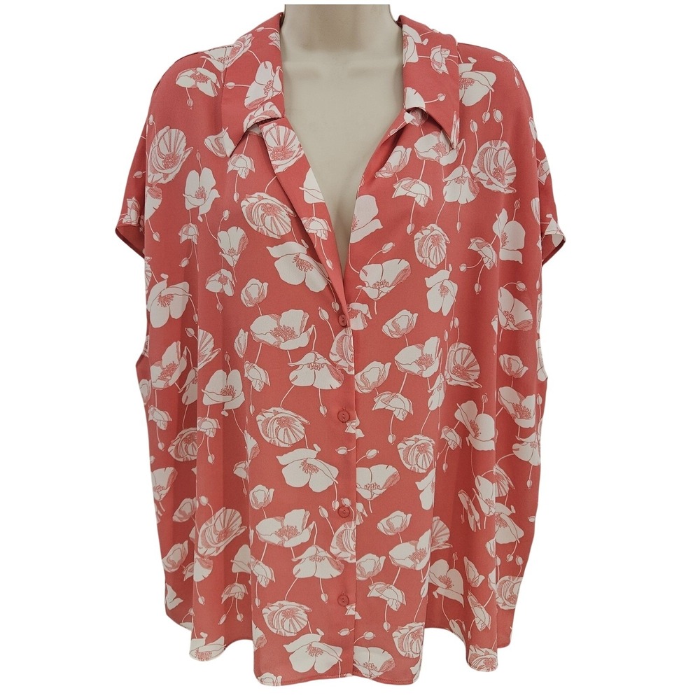Worthington Spring Top Women 2XL Pink Floral Button Up Short Sleeve Feminine